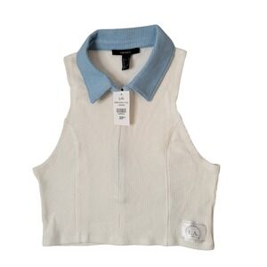 Forever 21 Ribbed Polo Crop Top Sleeveless Collared Shirt L Quiet Luxury Old Mon